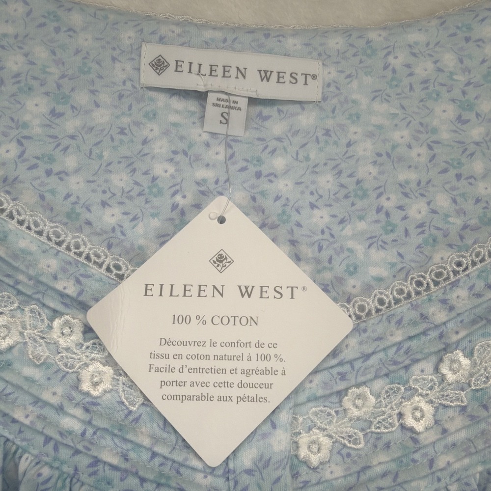 Eileen West White Meadow Blue Floral Cotton Cap Sleeve Nightgown Small NWT - Picture 3 of 9